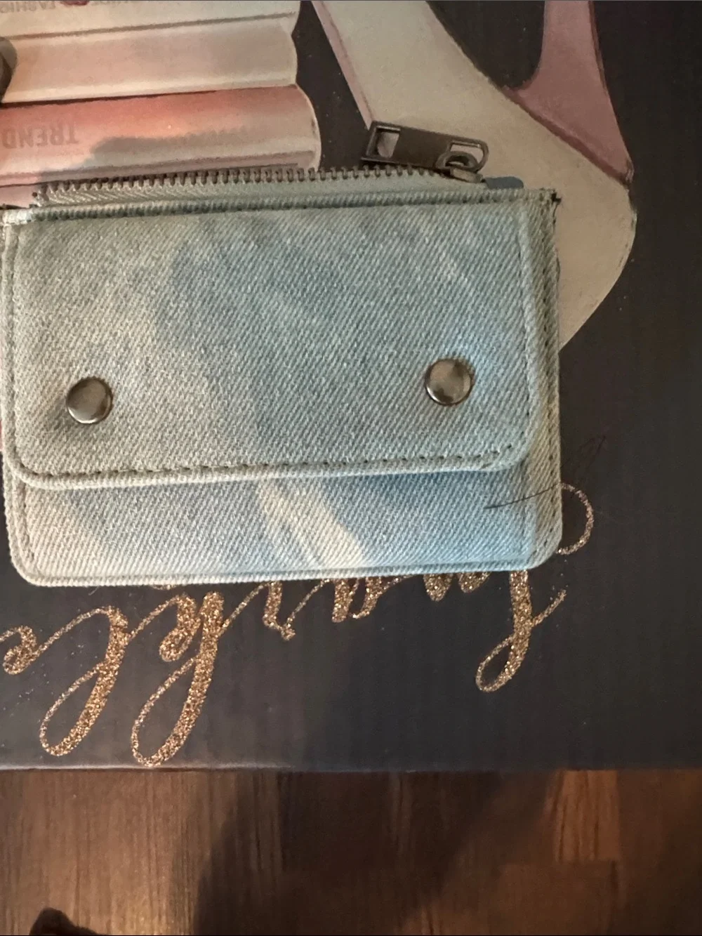 Light Blue Denim Card Wallet with Snap Closure